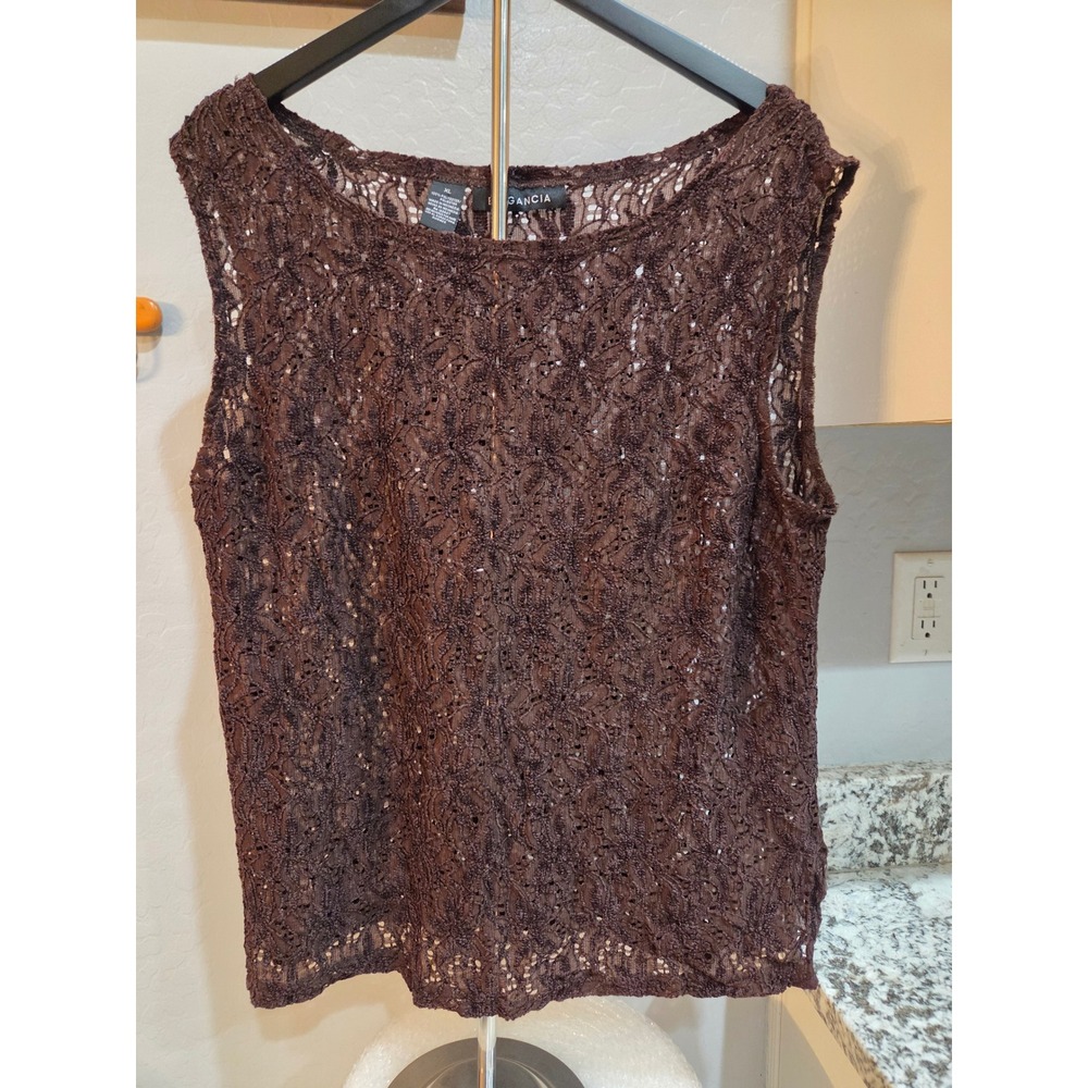 Elegancia Brown Floral Lace Sleeveless Blouse Top XL Chocolate Sheer Layering
